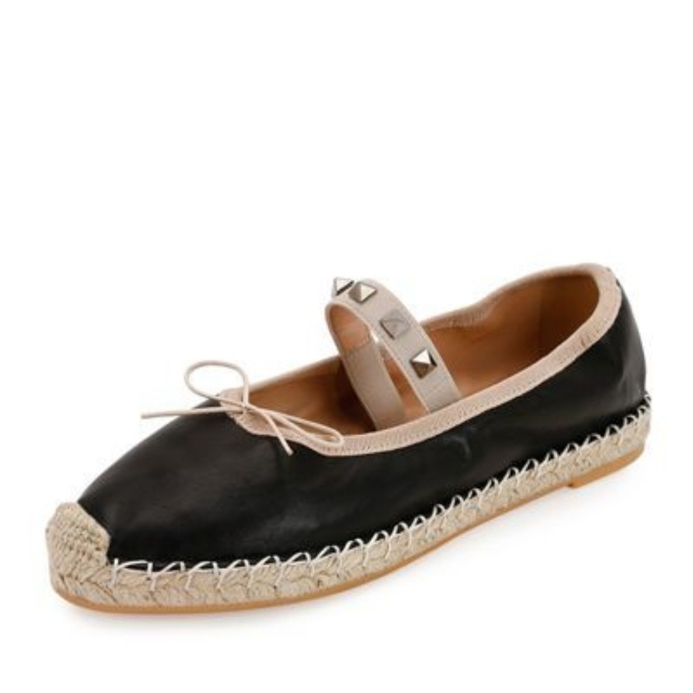 Valentino Garavani Black rockstud leather ballerina flat espadrilles Size 39